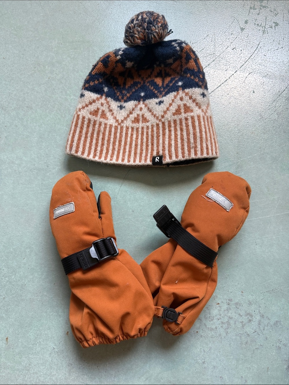 Reima Orange Winter Mittens with Patterned Pom Beanie